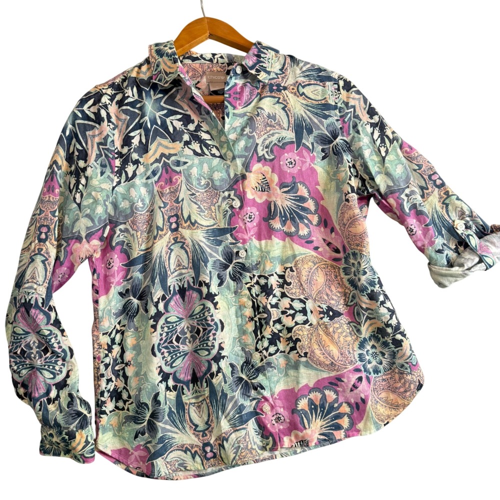 Chico's 100% Linen Roll Tab Button Top Womens S Pastel Floral Print Casual